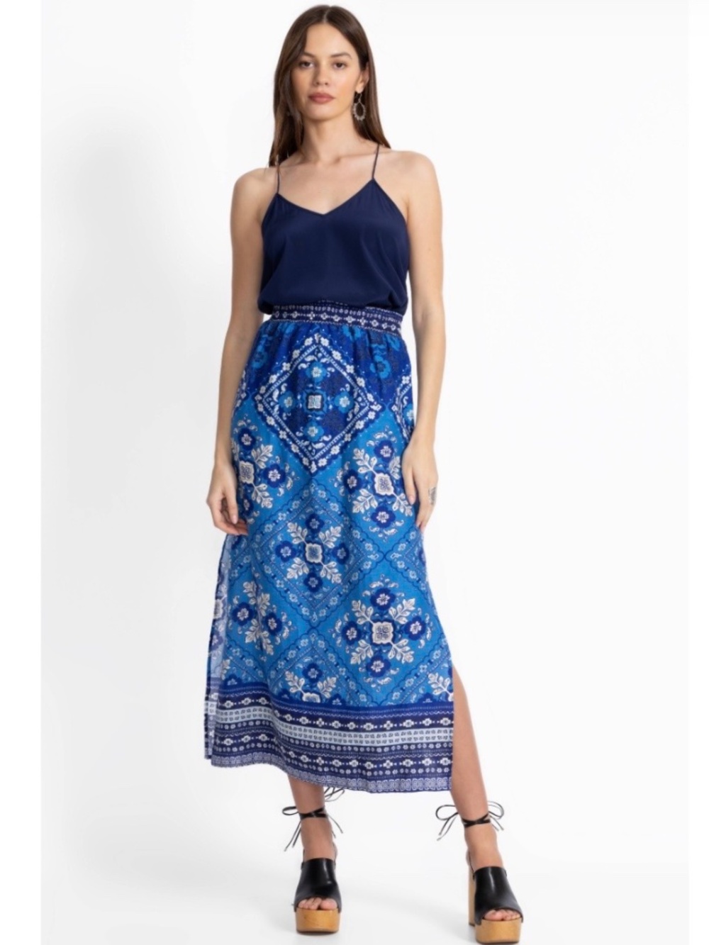 Johnny Was 100% Linen High Slit Skirt Ciena Blue SZ L